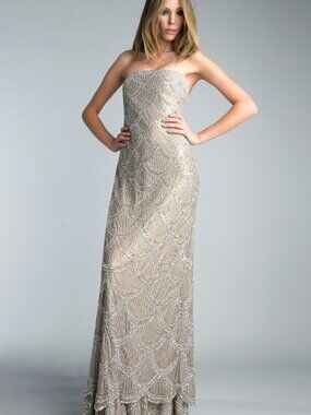 D4114L Scalloped Beaded Strapless Column Gown - Taupe